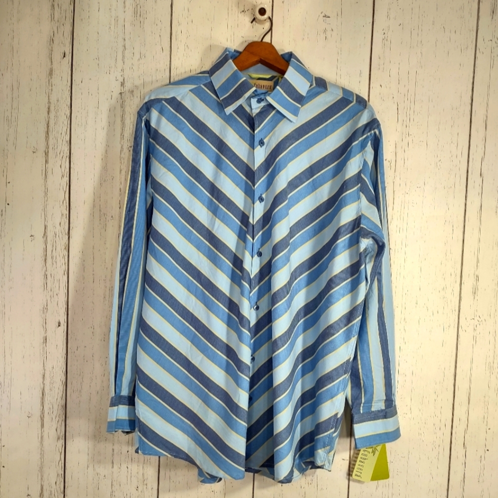 Cubavera Powder Blue Striped Barcelona Guayabera Cotton Long Sleeve Shirt XL